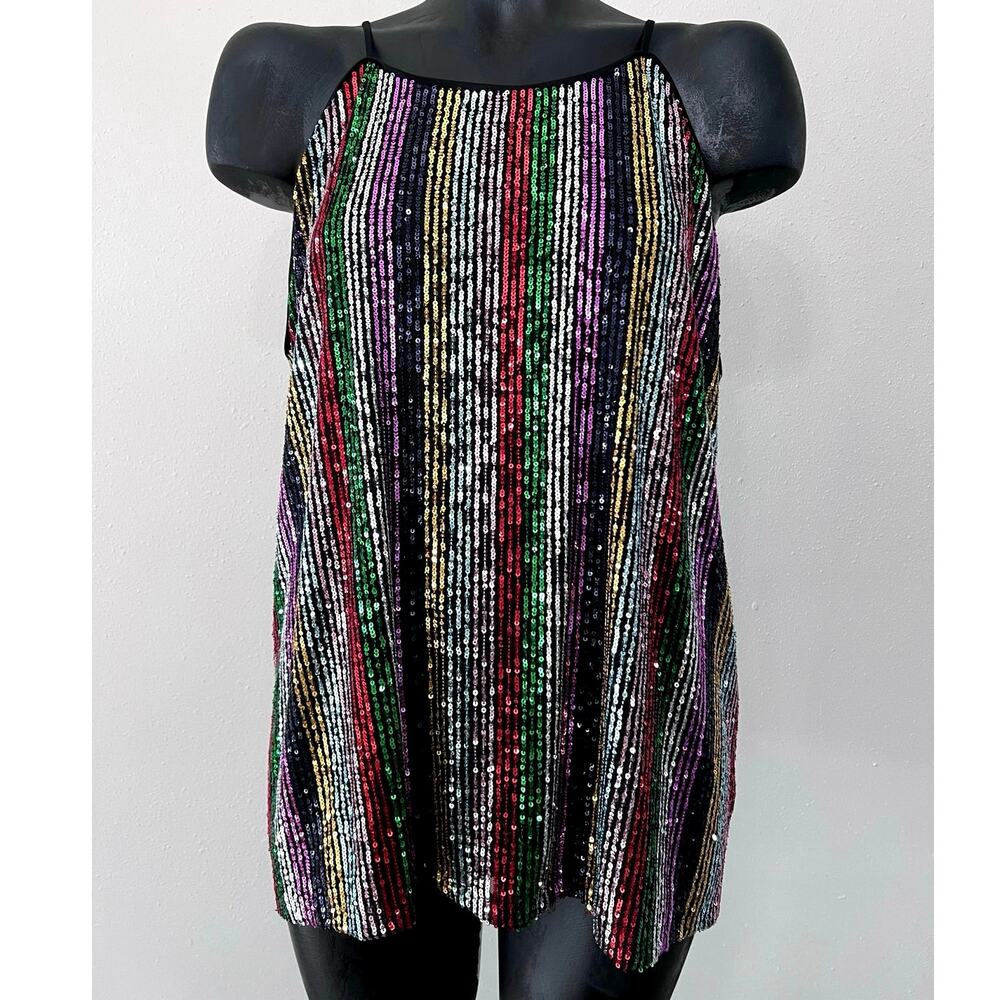 Inc Sequined‎ Cami Tank Top Sz 1X Sleeveless Rainbow Stripes Glam Party Coquette